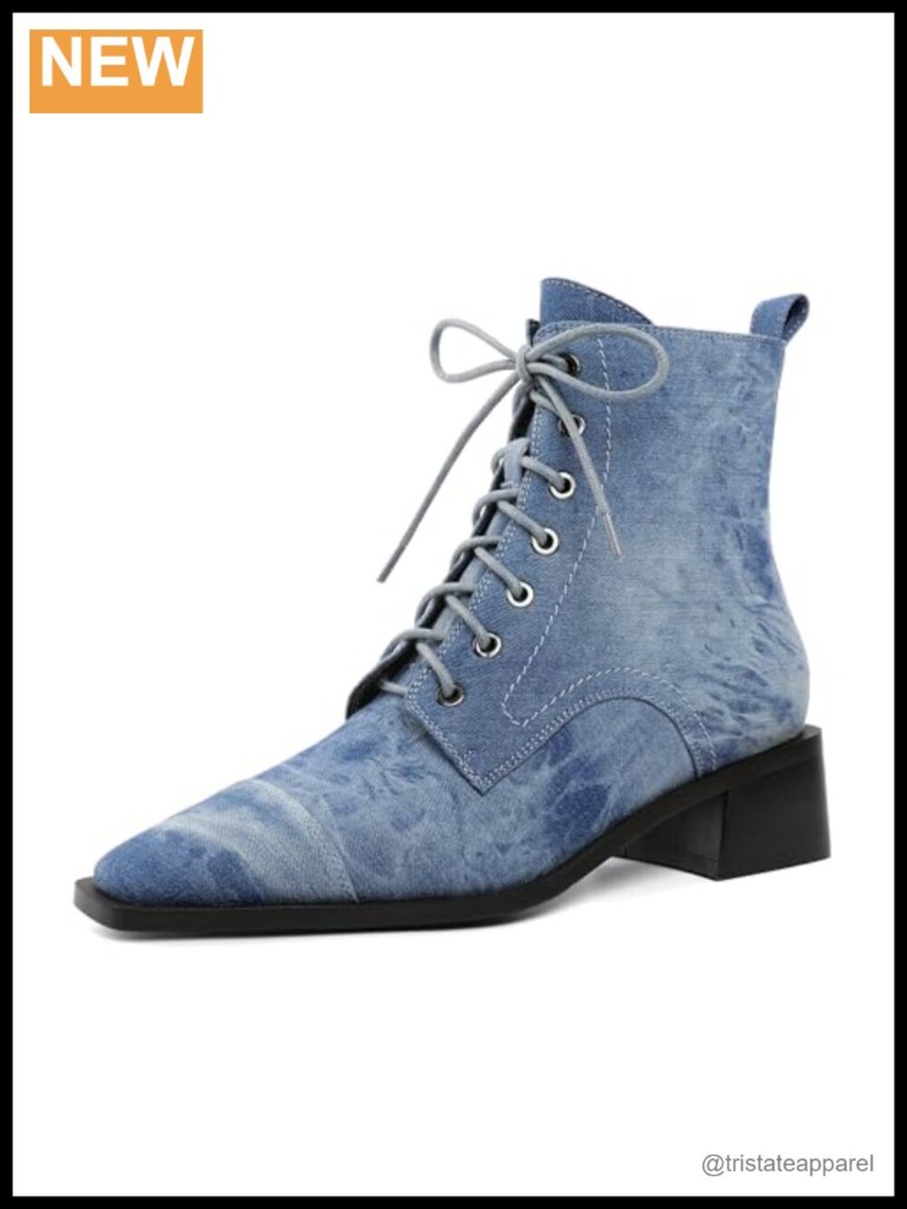 Denim Ankle Boots Chunky Block Heel Square Toe Lace-Up Side Zipper